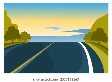 
vector background image of a highway view at sunset and the green mountains around it, suitable for backgrounds, covers, wall decorations, advertisements, banners