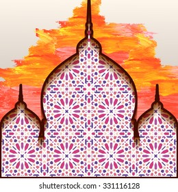 Vector background with the image of the mosque against the background of geometric ornament . Suitable for oformitelnyh works.
