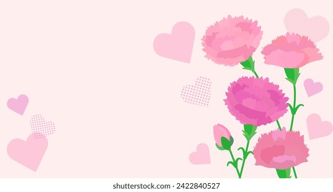 vector background image of pink carnation flowers with hearts  for mother's day