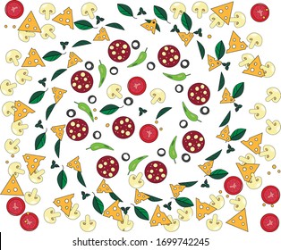 Vector background image of pizza ingredients: tomatoes, mushrooms, olives, olives, salami, peppers, cheese and basil.
