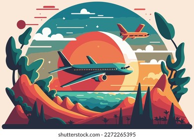 Vector background image of plane travel concept with natural background and colorful ambience