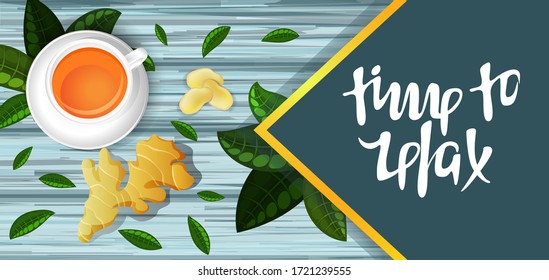 Vector background image of tea and ginger. The concept of preventive measures against pondemics and seasonal diseases, a pleasant time in self-isolation. With a box for your inscription