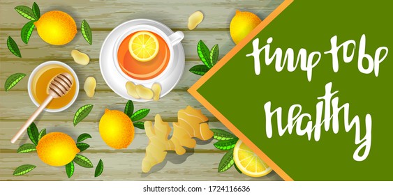 Vector background image of tea and lemons. The concept of preventive measures against pandemics and seasonal diseases, a pleasant time in self-isolation. With a box for your inscription	