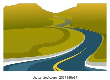 vector background image of a view of the highway and surrounding green mountains, forest, suitable for backgrounds, covers, wall decorations, advertisements, banners