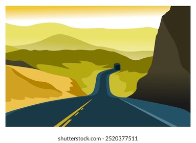 vector background image of a view of the highway and green mountains around it, suitable for backgrounds, covers, wall decorations, advertisements, banners