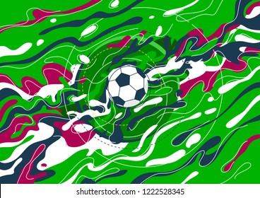 Vector background image with wavy elements from the center to the edges, in the middle of a soccer ball, Dynamic elements of green and dark colors