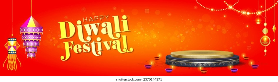 Vector background for Indian Diwali festival. Diwali banner design with Podium, Stage, lanterns, Diya, Lamp and sparkle.