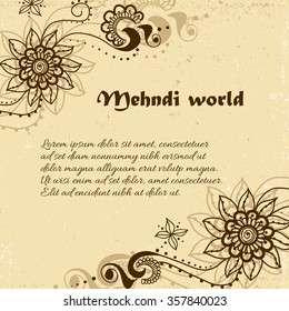 Vector background in indian ornamental style. Mehndi floral ornament. Hand drawn ethnic pattern. Henna tattoo theme. Square template for business card with place for text