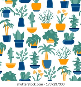 Vector background of indoor plants. Seamless pattern with flowers and plants for the home. Ornament for decoration in flat style.