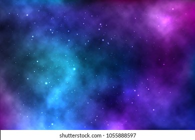 Vector Background Of An Infinite Space With Stars, Galaxies, Nebulae. Bright Oil Stains And Blots With White Dots