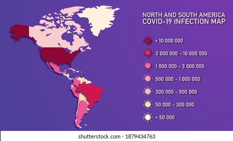 Vector background. Infographics. Geographic map of North and South America. Coronavirus infection statistics in the Americas. Covid-19. Epidemiological map of the spread of the virus. Planet Earth.