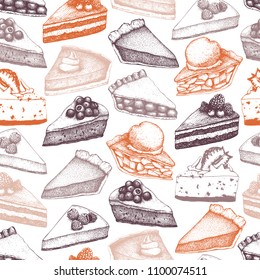 Vector background with ink hand drawn fruit and berry baking illustration. Vintage design with traditional cake, tart and pie sketch. Sweet bakery or cafe menu. Seamless pattern