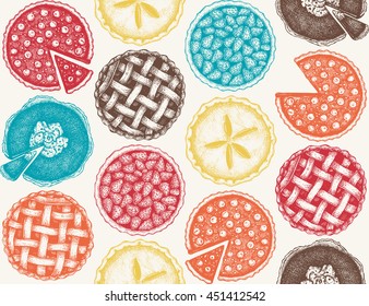 Vector background with ink hand drawn fruit and berry baking illustration. Vintage seamless pattern with traditional cake, tart and pie sketch. Sweet  bakery. Top view.