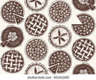 Vector background with ink hand drawn fruit and berry baking illustration. Vintage seamless pattern with traditional cake, tart and pie sketch. Sweet  bakery. Top view.