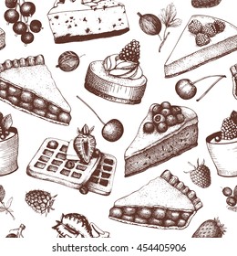 Vector background with ink hand drawn berries desserts illustration. Vintage seamless pattern with traditional cake, tart and pie sketch. Sweet  bakery. 