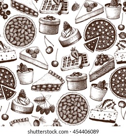 Vector background with ink hand drawn berry cake, pie and tart illustration. Vintage seamless pattern with decorative  dessert sketch. Retro Design for bakery or baking shop.