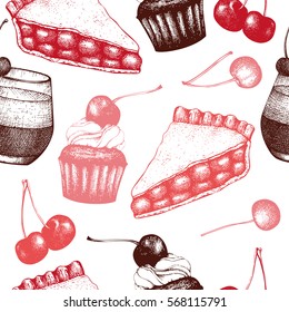 Vector background  with ink hand drawn fruit and berry dessert illustration. Vintage seamless pattern with traditional cherry cake, cupcake and pie sketch. Sweet bakery.