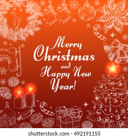 Vector background with an inscription in the center of Christmas items and circle. Vector illustration for your design