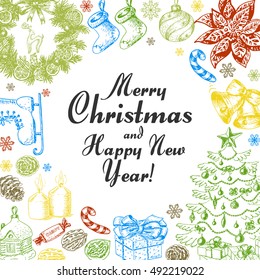 Vector background with an inscription in the center of Christmas items and circle. Vector illustration for your design