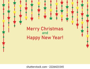 Vector background with the inscription Merry Christmas and Happy New Year and the decor of hanging garlands with stars and balls