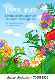 Vector background with insects, flower and place for text. Card in cartoon, children's style.
