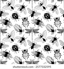 Vector background with insects. Hand-drawn sketches of butterflies, beetles, cicadas and dragonflies. Vintage seamless pattern.