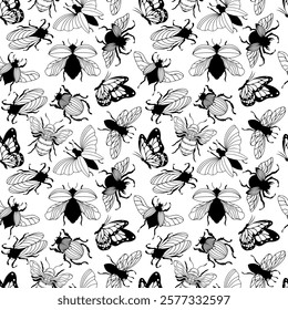 Vector background with insects. Hand-drawn sketches of butterflies, beetles, cicadas and dragonflies. Vintage seamless pattern.