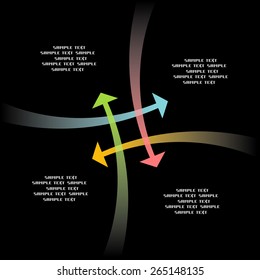 Vector background with intersecting color arrows. Abstract black illustration for web, print template with text box. Simple infographic concept