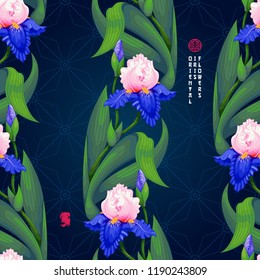 Vector background with irises and embroidery in oriental style