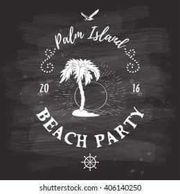 Vector background with island with palm trees and inscription - Beach party. Chalk board on backdrop.