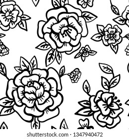 Vector background isolated on white. Floral seamless pattern made of outline roses, buds and leaves. Vintage style. Outline contour drawing. Black contour white background.