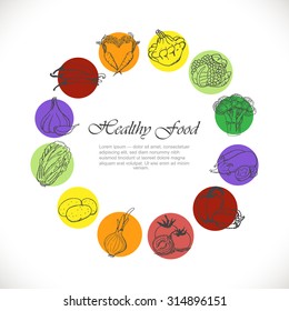 Vector background with isolated vegetables in a circle. Vector illustration for your design