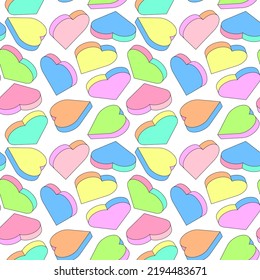 Vector background with isometric hearts. Seamless pattern with geometric hearts bright colors. Design for greeting cards, holiday backgrounds, wrapping paper, banners, headers.