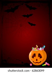 A vector  background of Jack O' Lantern bag full of Halloween treats.