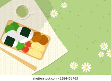 fondo vectorial con una caja japonesa de bento, un par de palillos, una taza de té y un paño de almuerzo en un campo verde para carteles, tarjetas, volantes, fondos de pantalla de medios sociales, etc.