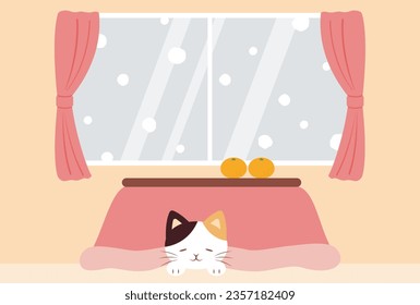 vector background with a Japanese cat curled up under a Kotatsu for banners, cards, flyers, social media wallpapers, etc.