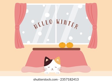 vector background with a Japanese cat curled up under a Kotatsu for banners, cards, flyers, social media wallpapers, etc.