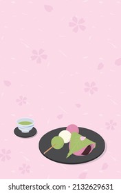 vector background with Japanese dango sweet rice dumplings, Sakura mochi and a cup of green tea