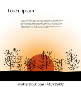 Vector background in Japanese style; rising Sun. Silhouette of bushes and trees in the background of the rising sun. Unusual modern background for text placement