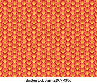 Vector background of a Japanese wave pattern. Red and yellow seigaiha sea waves.