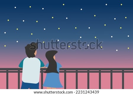 Vector background of joyful cute lovely couple in love date and watch see night sky view star together. Couple in love happy concept , love travel together valentine day online shopping winter sale.