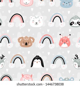 Vector Background for Kids with Cute Wild Animals and Pets. Seamless Childish Pattern with Doodle Cartoon Kawaii Animal Faces and Rainbows, Clouds. Scandinavian Print Design Texture Wallpaper