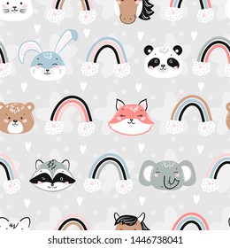 Vector Background for Kids with Cute Wild Animals and Pets. Seamless Childish Pattern with Doodle Cartoon Kawaii Animal Faces and Rainbows, Clouds. Scandinavian Print Design Texture Wallpaper