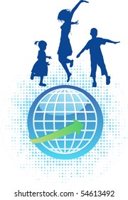 vector background of kids jumping on top of the world