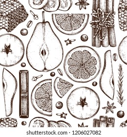 Vector background kitchen herbs, spices, dried fruits and berries. Hand sketched mulled wine ingredients. Taste of Christmas illustration. Bar menu design. Seamless pattern.