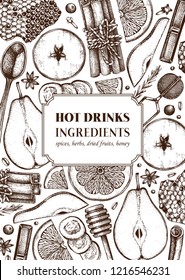Vector background with kitchen herbs, spices, dried fruits and berries. Hand sketched mulled wine ingredients. Merry Christmas illustration. Hot drinks Bar menu design. Top View