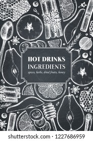 Vector background with kitchen herbs, spices, dried fruits and berries. Hand sketched mulled wine ingredients. Merry Christmas illustration. Hot drinks Bar menu design on chalkboard.