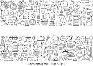 Vector background of kitchen tools. Hand drawn doodle cooking equipments. illustration for restaurant menu, recipe book, and wallpaper.