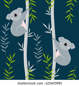 Vector background with koalas on trees. Cartoon koalas. A cartoon character.