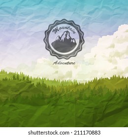 Vector Background with Label design with Mountains, pine forest  